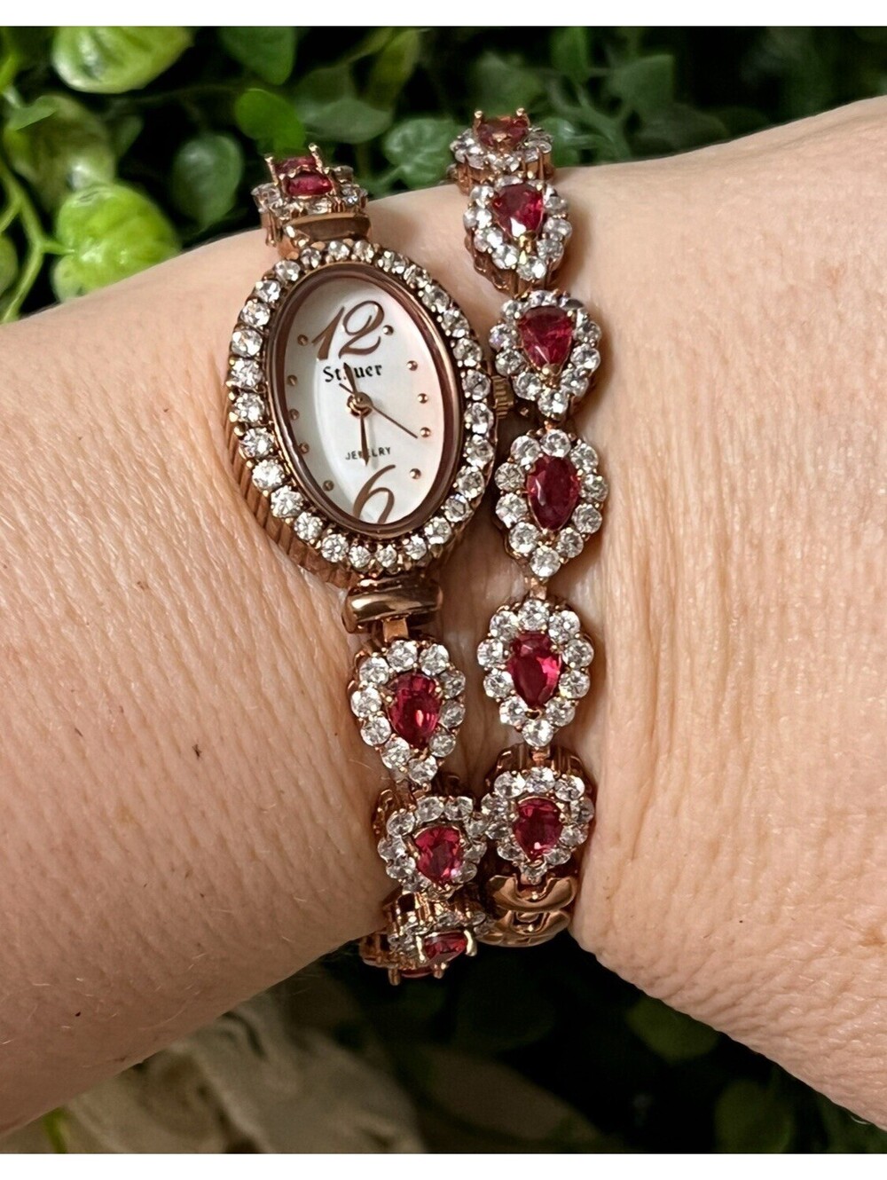 ESTATE Stauer Watch Ruby teardrop red rose gold tennis bracelet wrap 925